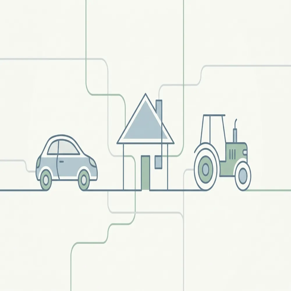 Veículo, casa, motor de popa e máquina agrícola representando opções de consórcio
